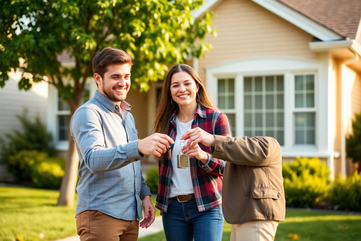 Couple receiving keys to their new home